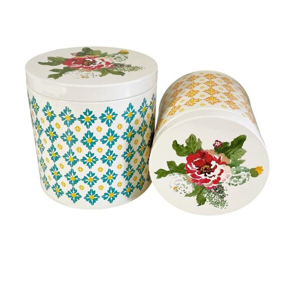Pioneer Woman Metal Canister Set Floral Geometric Pattern 2 Piece Colorful - Picture 1 of 8